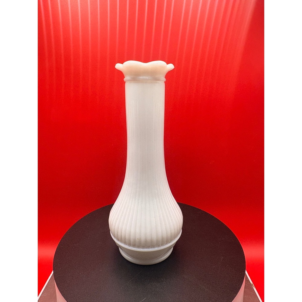 Vintage Randall White Milk Glass Ribbed Bud Vase Scalloped Rim 6 Inch